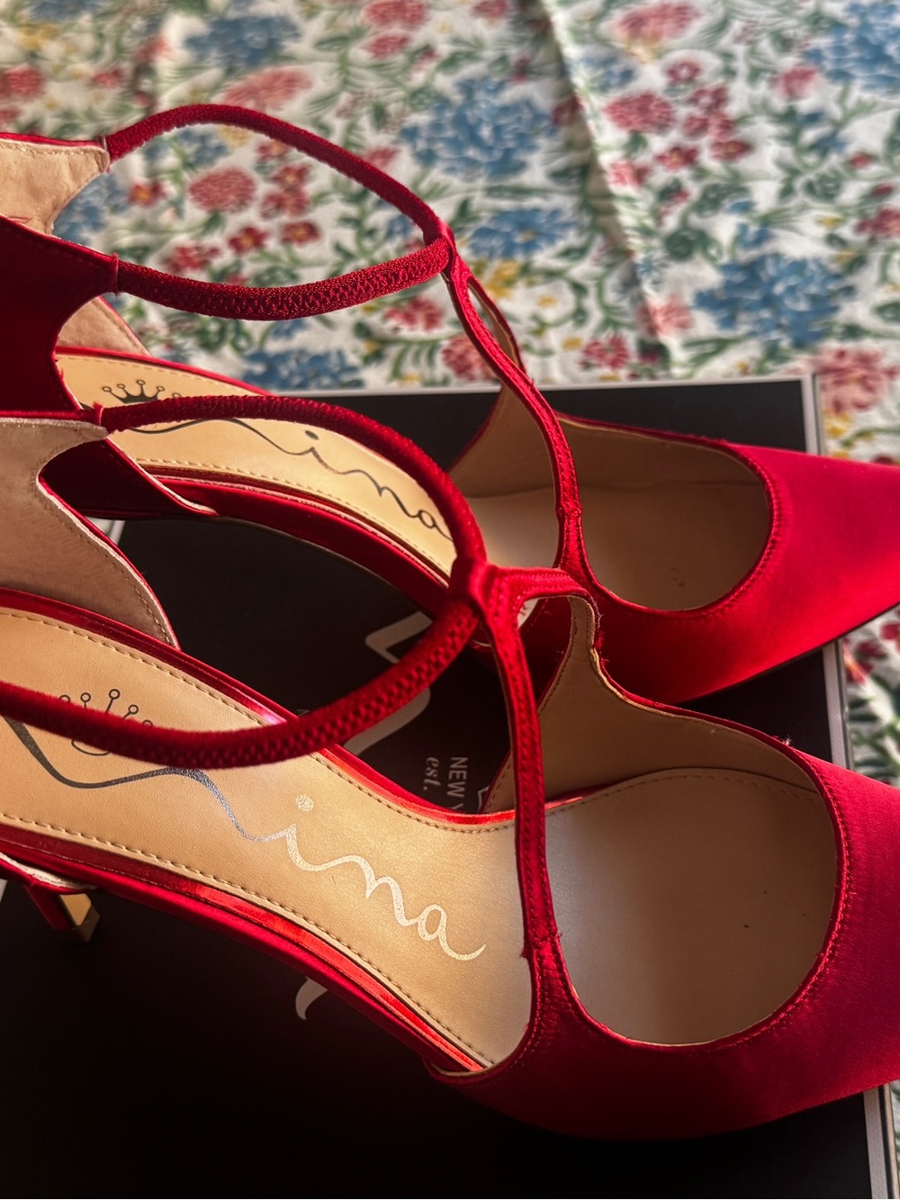 Nina Red Satin T-Strap Pointed-Toe Heels